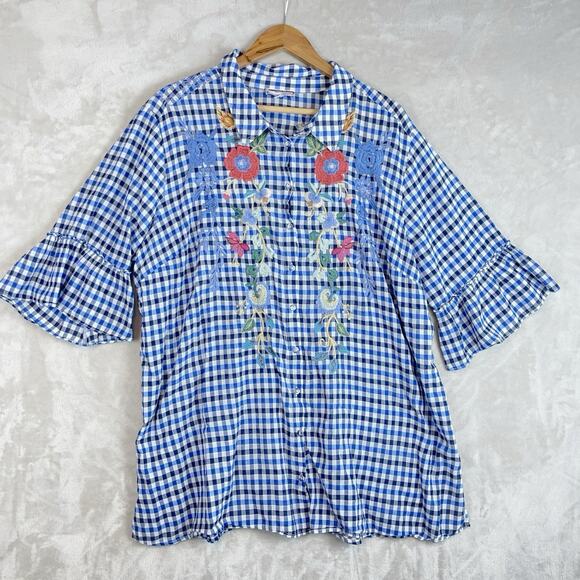 Johnny Was Tops - Johnny Was Workshop Taryn Runic 3X Gingham Embroidered Ruffle Cottagecore *FLAW*